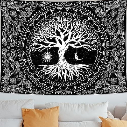 Tree of Life Tapestry Gloden Sun and Moon Wall Hanging Tapestry